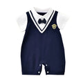 Infant and toddler boys' summer first birthday faux two-piece bow tie romper, stylish preppy gentleman short-sleeve onesie
