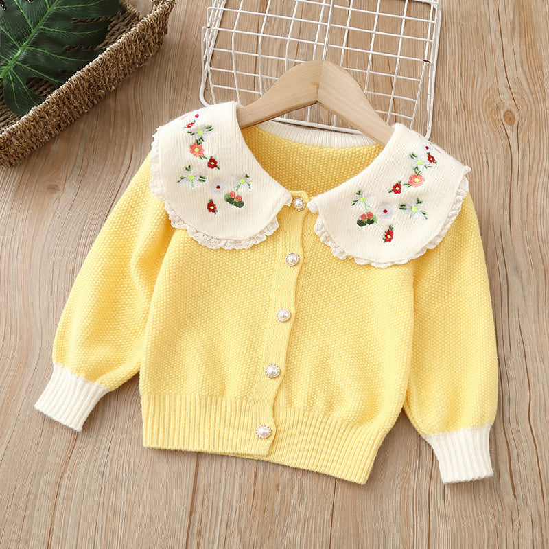 Girls' cardigan sweater, children's knitwear,  autumn/winter new arrival, turn-down collar embroidered girl's outerwear, little girl's top