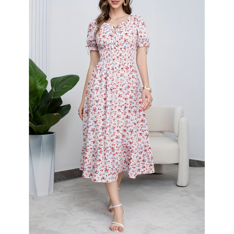 listing: new  women's original elegant ruffle tie-back printed dress