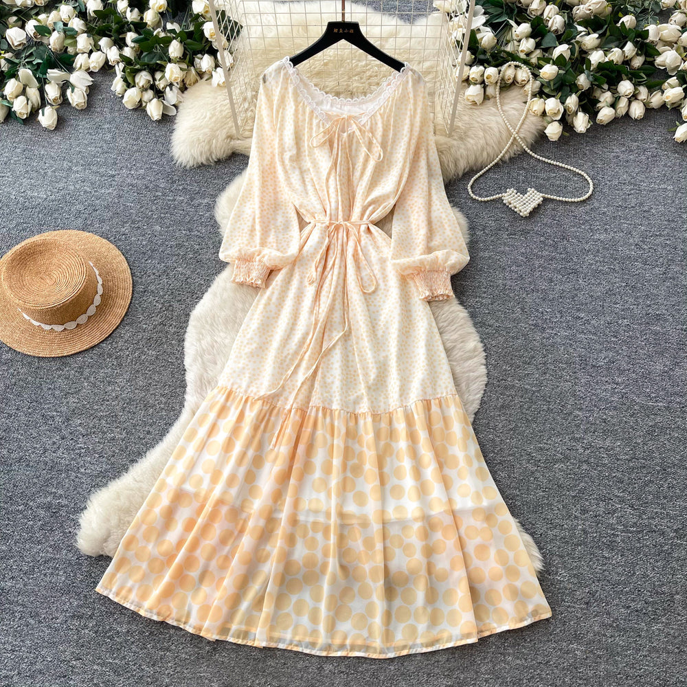 K-styleretro polka dot floral dress women's springlong sleevesv neck waist a-line skirtelegantslimming lookwork clothing skirt
