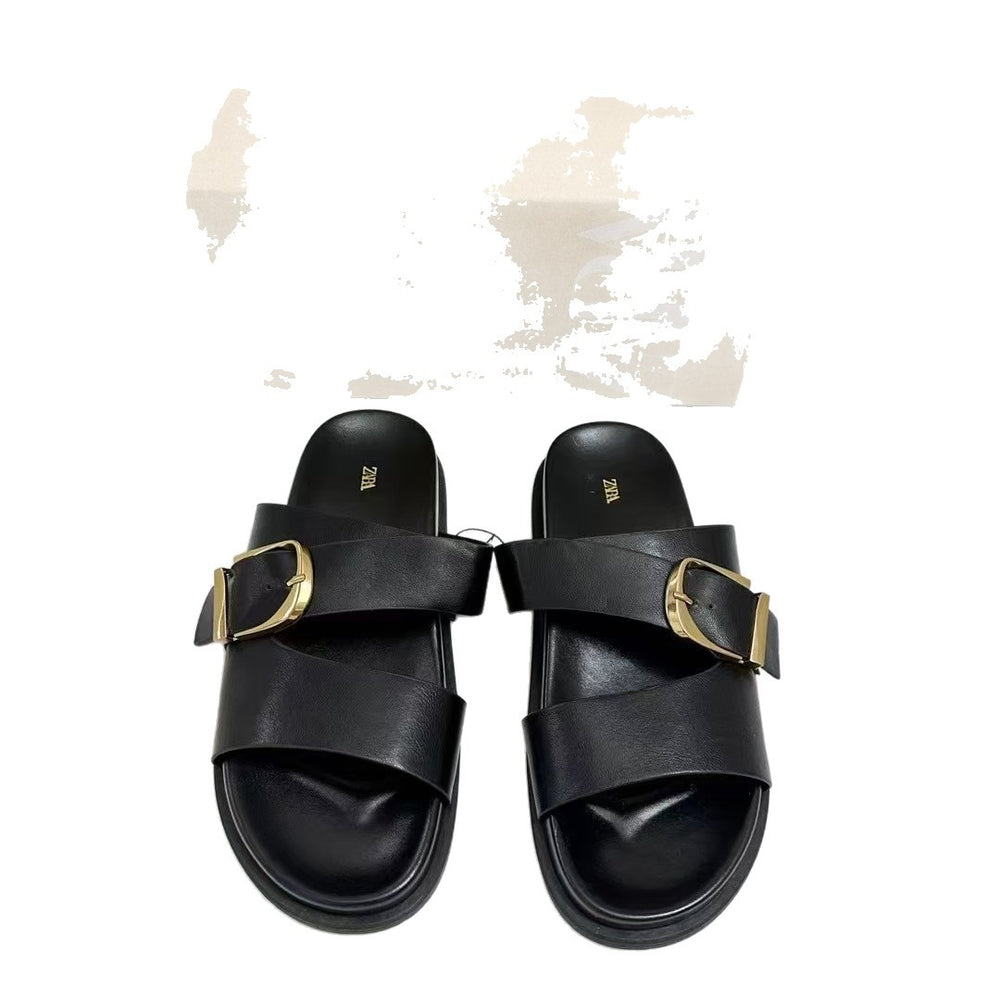 Za summer cross-border metal square buckle slippers - casual, versatile, round toe, thick sole women's slippers