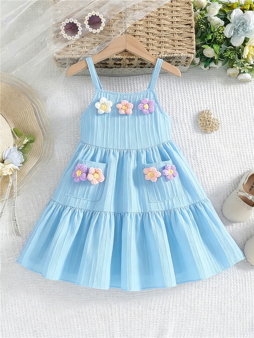 girl's suspender skirt multi-color texture fabric cake skirt stereo flower patchwork sky blue kidsdress