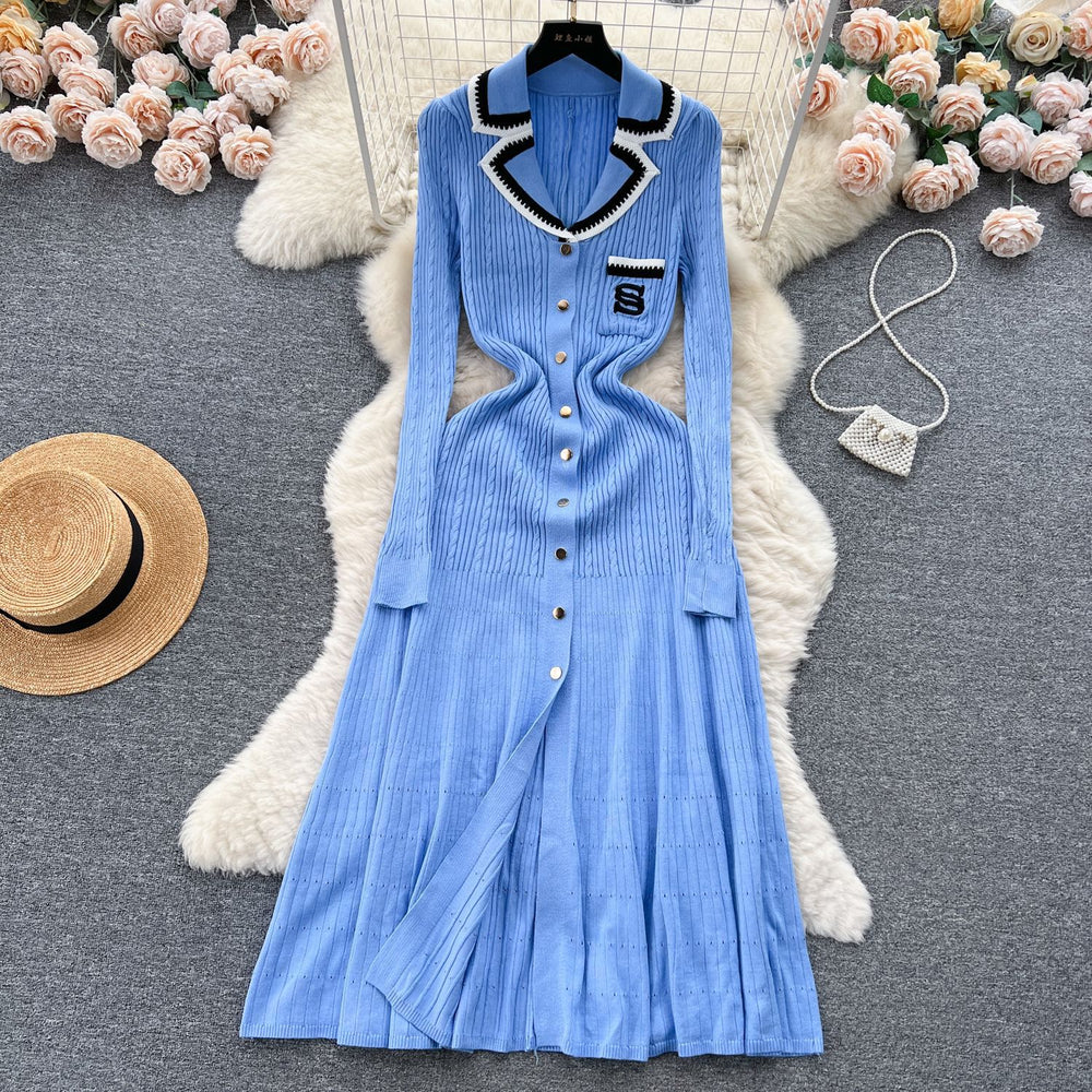 Fall and winter tweed style socialite short-sleeved contrast colorembroider suit collar waist slimming look single-breasted a-line knittingdress