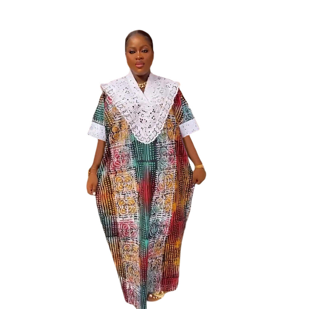 Women's crystal satin printed patchwork lace trim robe african plus size dress -