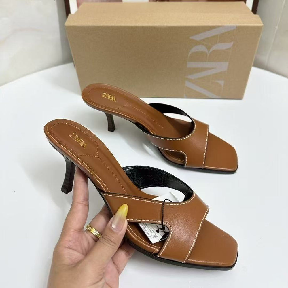 Za2025summer retro brown stitching square toe slippers stiletto heel sandals one-line drag stitching elegant