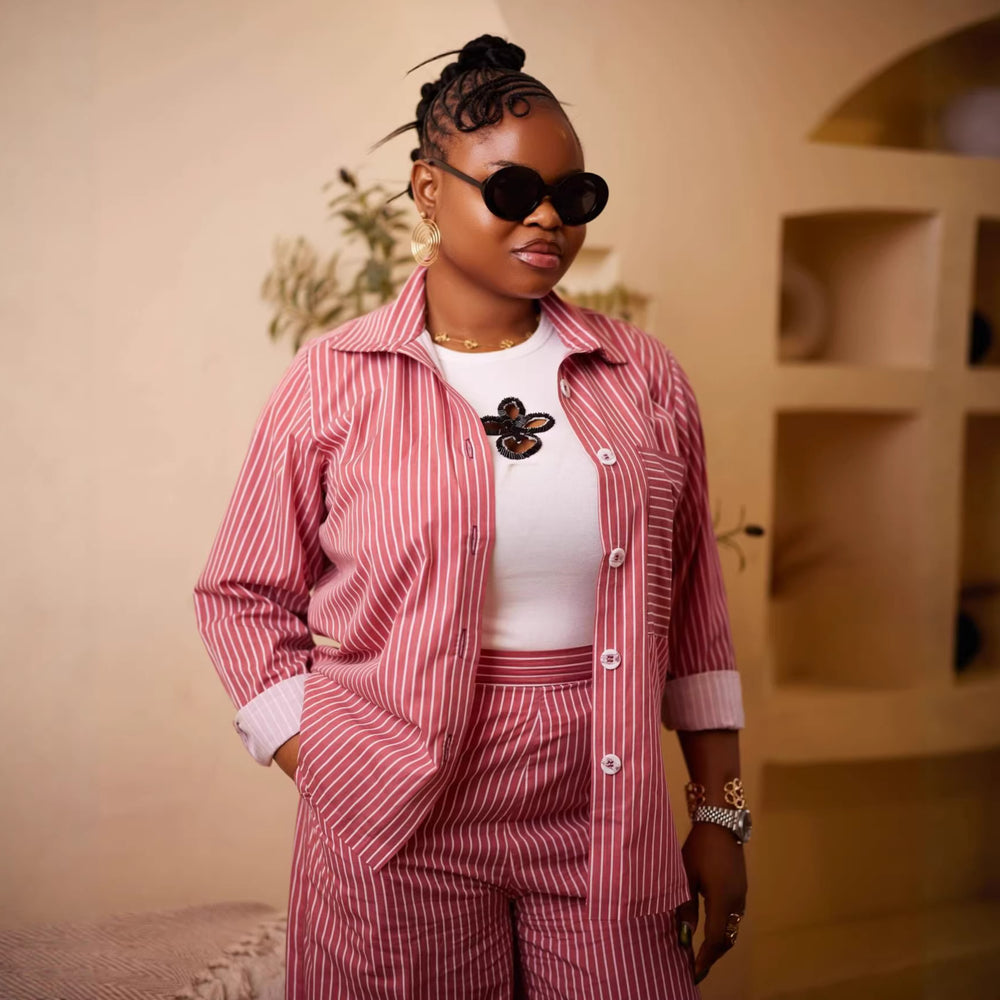 European and american cross-border women's fashion  spring new style chic striped long-sleeve shirt top and wide-leg pants casual set