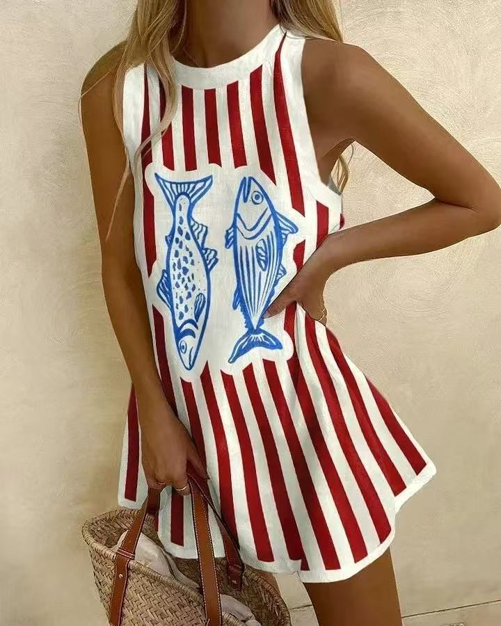 autumn new arrival: women's round neck sleeveless shirt, longline sweatshirt with ocean-themed casual design for independent e-commerce stores