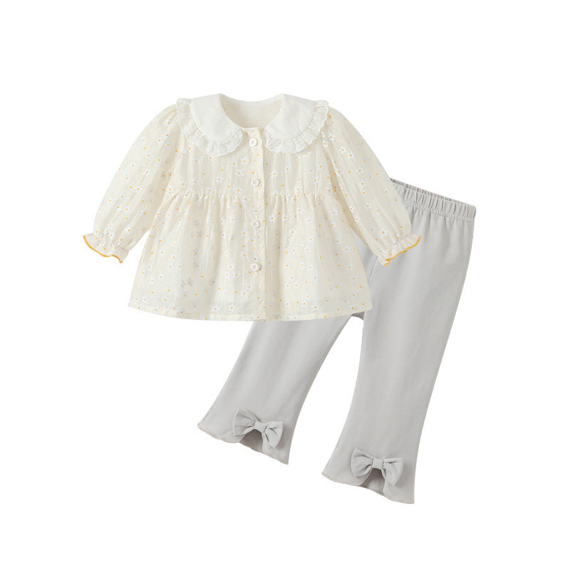 Girls' outfit set, new autumn  collection: stylish baby doll collar long-sleeve two-piece set for infants - sweet and chic for spring and autumn