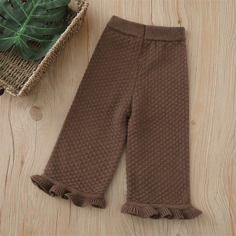 fall/winter new korean style knitted girls' leggings - lace trim wide leg casual pants