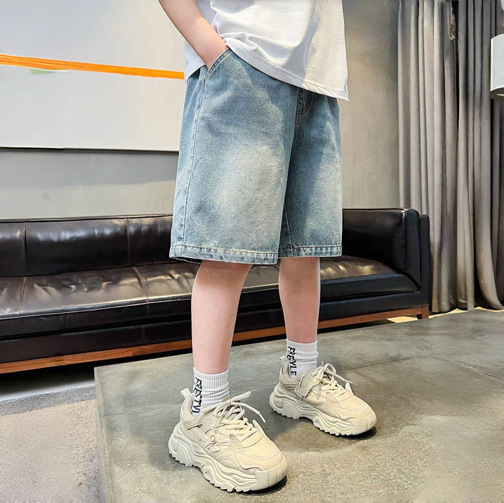 Korean style trendy boys' denim shorts - lightweight summer  collection - mid-to-large size boys' 5-inch shorts - trendy kids' unique & stylish outfit - timeless design