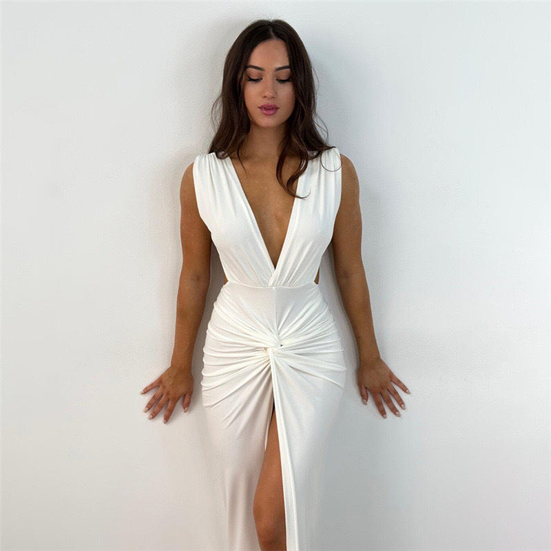 Amazon fashion cross-border women's summer  new solid color sleeveless deep v backless sexy slit dress