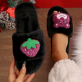Women's fuzzy slippers - new autumn/winter collection - strawberry bear design, flat, warm, and cute cartoon cotton slides for indoor and outdoor wear