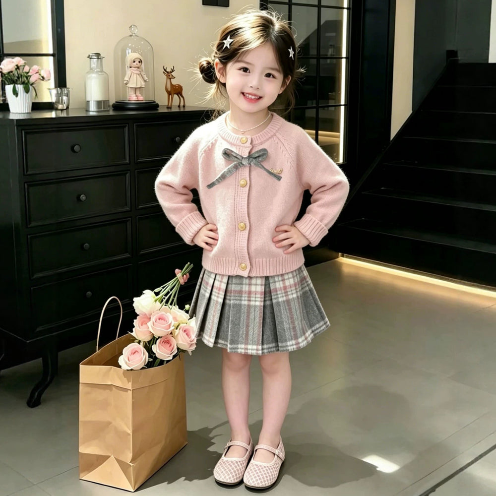 Girls' outfit:  new korean style pink knit cardigan sweater and plaid pleated skirt two-piece set