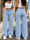 Fashionjeans women's light blue washed elastic waist loose pants casualdrapedloosestraight-leg denim pants