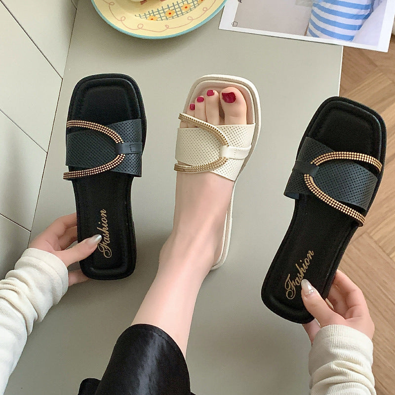 Women's slippers 2025 new korean style outdoor wear home flat one-strap sandals beach casual sweet style beach slippers