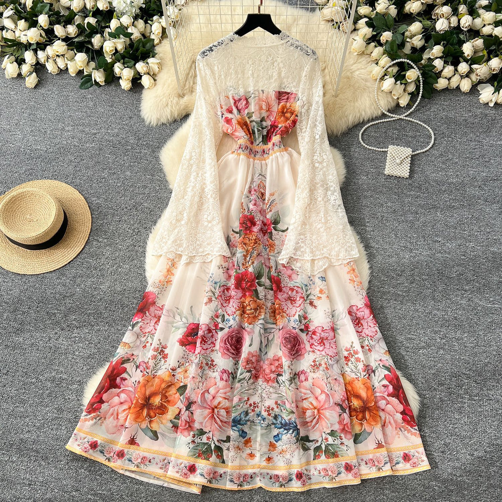 European and american fashion vacation style dress - women's spring collection - court style deep v-neck lace flare sleeve single-breasted printed maxi dress