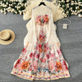European and american fashion vacation style dress - women's spring collection - court style deep v-neck lace flare sleeve single-breasted printed maxi dress