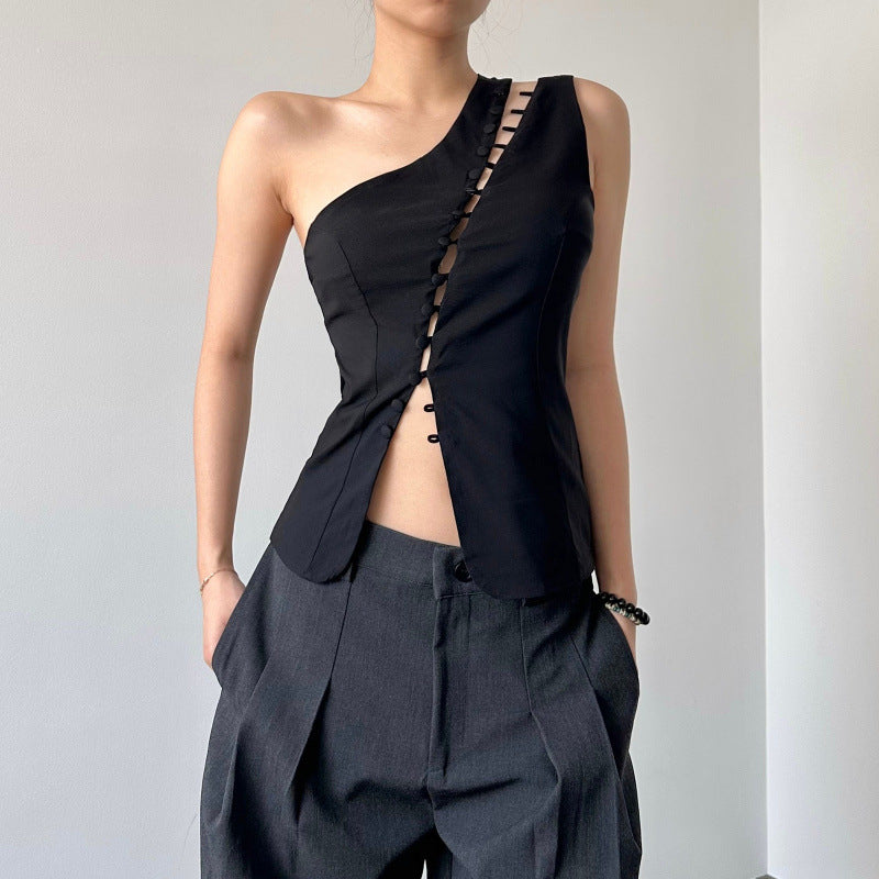 women's spring  new fashion design asymmetrical neck hook-and-eye closure sleeveless tank top - hot girl style