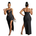 C6653 cross-border   fashion women's solid color mesh hollow-out bandage maxi dress