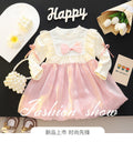 Girls' dress: sweet and stylish round neck floral lace bow patchwork long sleeve princess dress for toddlers and young children