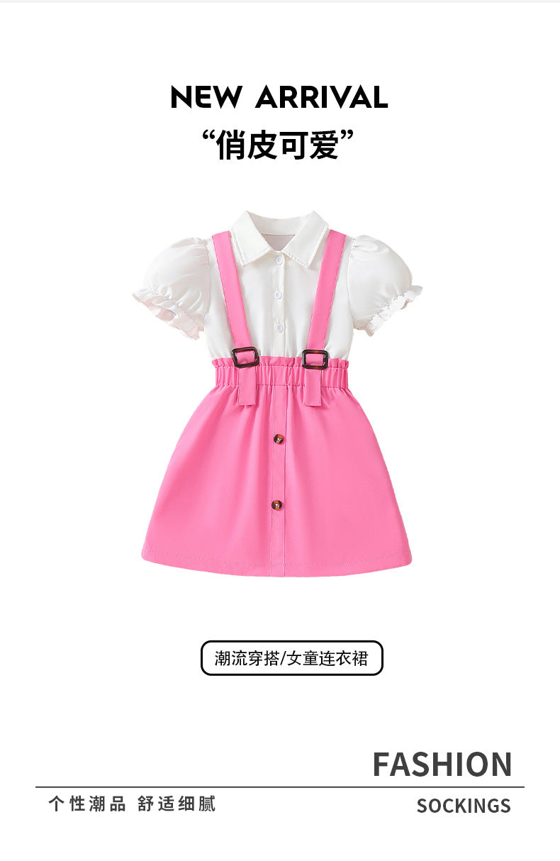 girl fake two-piece dress pink suspender patchwork lantern sleeve white shirt tops cute kids skirt