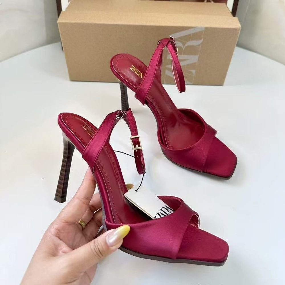 Za 2025new arrivalfashioneasiest for match square toe back hollow one strap high thin heel women's shoes tweed style women's shoes