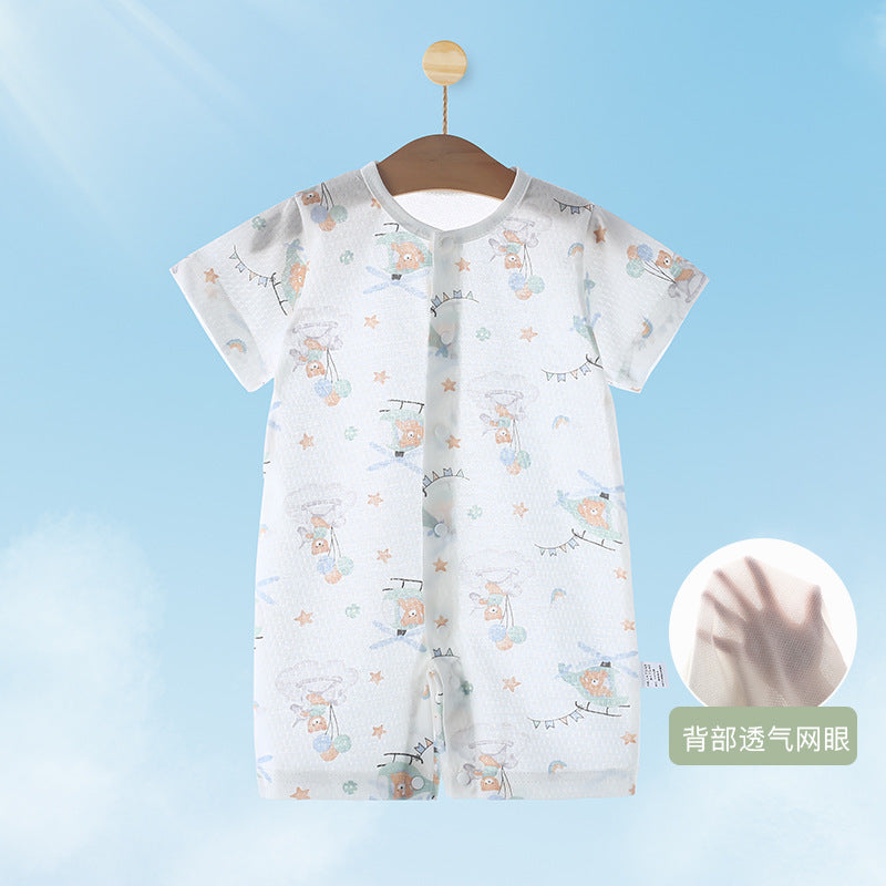 Baby short-sleeve snap-crotch romper, infant home air conditioning suit, breathable mesh crawling jumpsuit for 0-2 year olds