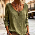 European and american style retro solid color long sleeve top with a deep v-neck and asymmetrical button design, casual loose fit cotton linen blouse