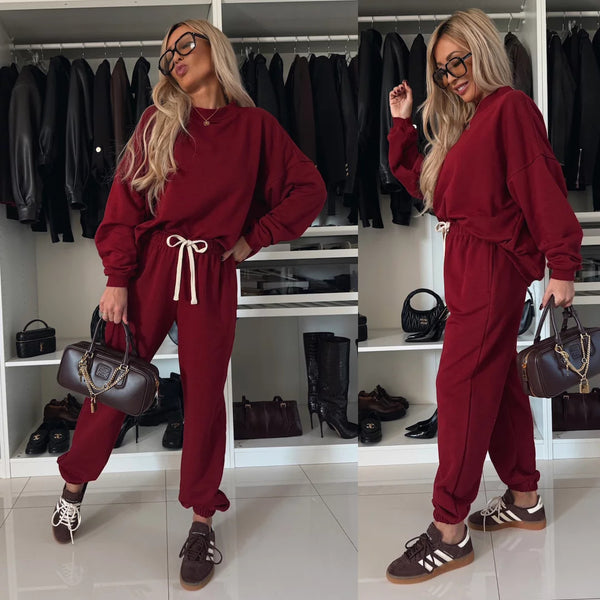 Cross-border new women's clothing 2024  hot sale long-sleeved crew neck sweater set casual trousers two-piece set