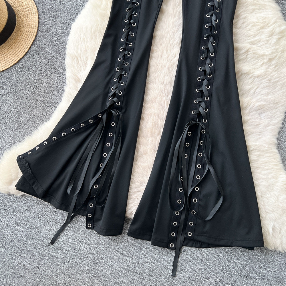 K-style high waisttie backelegant style big bell pants women's spring summer black slimming lookmopcasual pants sense of design