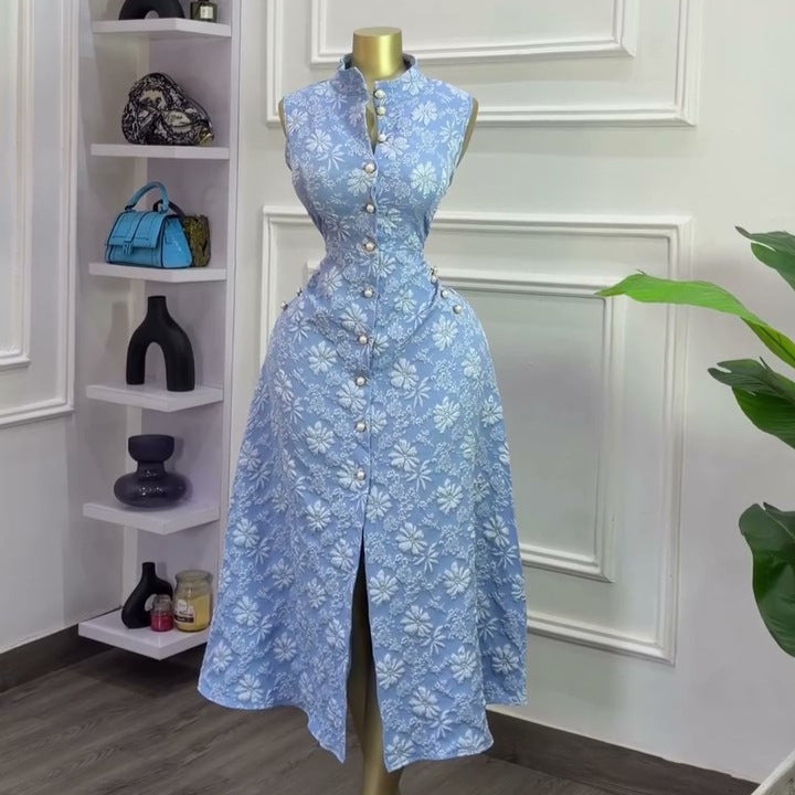 European and american cross-border women's fashion:  summer new arrival - elegant blue floral slim-fit sleeveless slit dress