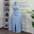 European and american cross-border women's fashion:  summer new arrival - elegant blue floral slim-fit sleeveless slit dress