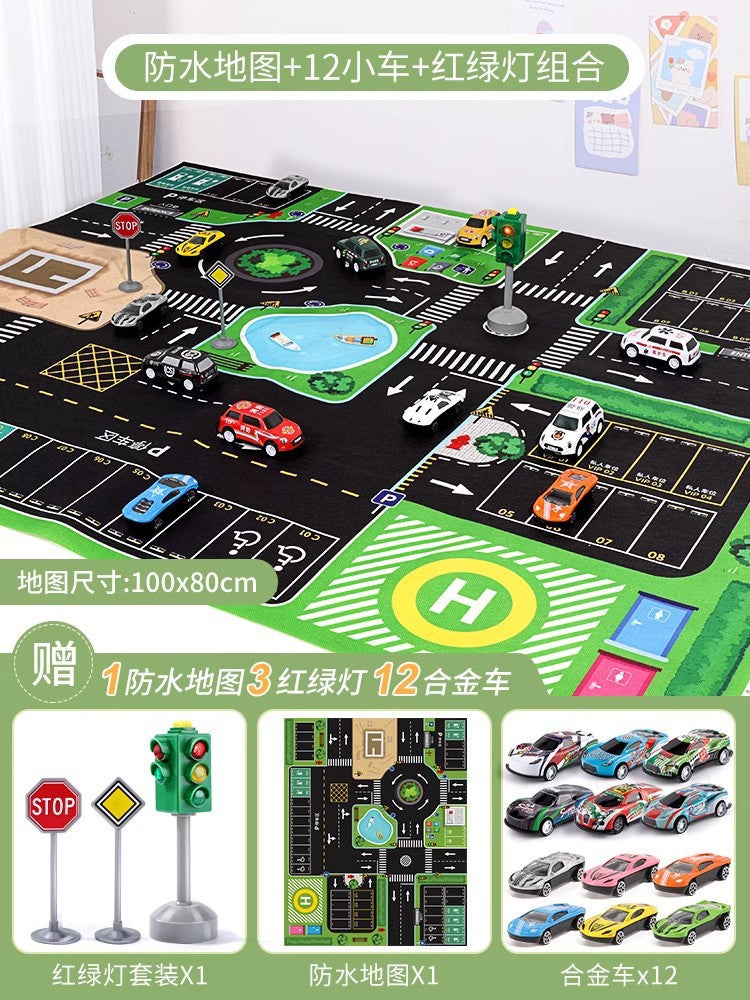 Kids' alloy pull-back car traffic map playset with crawling mat, parking garage, and inertia toys for boys
