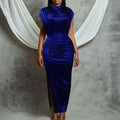 D261  european and american women's clothing  new elegant sheer dress long slit pleated cross-border dress