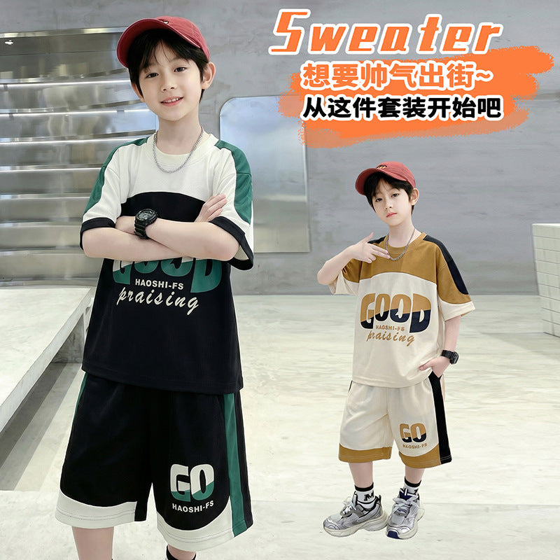 Boys'  summer new design short-sleeve t-shirt set - trendy printed loose-fit athletic casual outfit