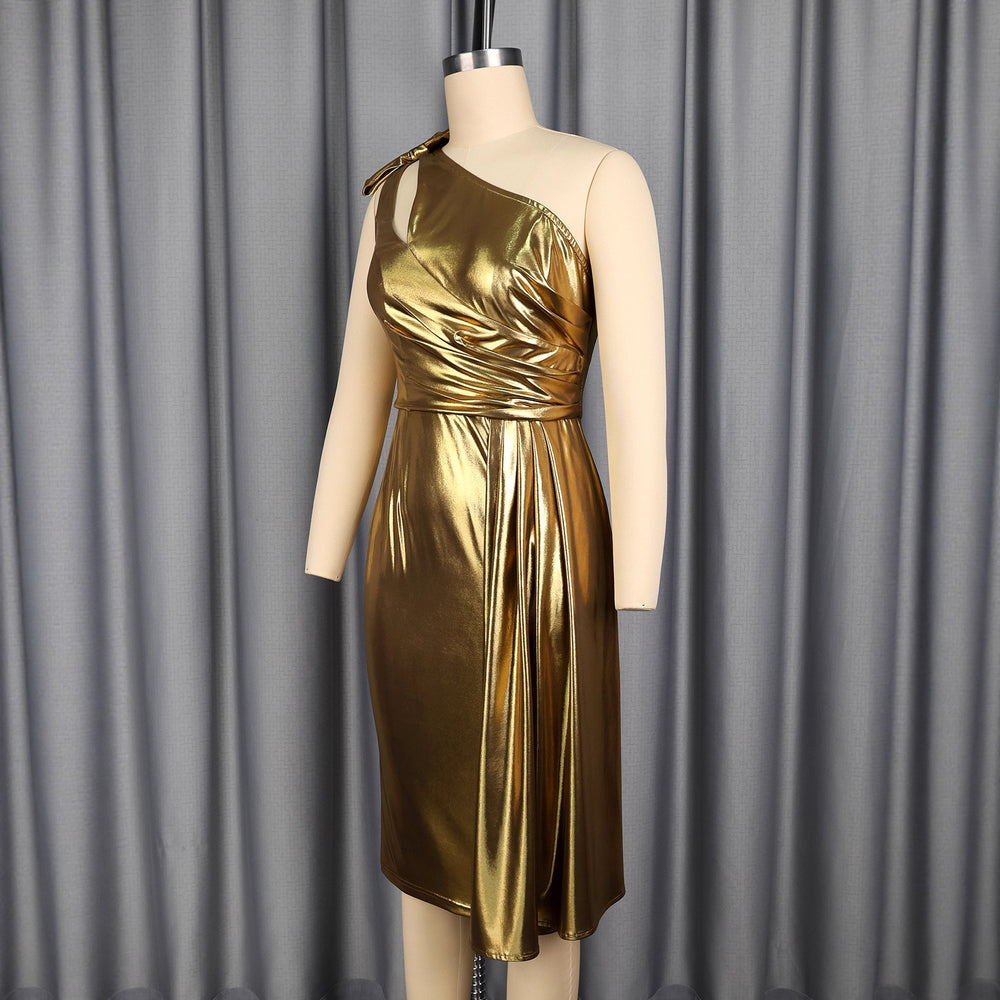 European and american sexy gold cutout bow one-shoulder dress - ruched waist bodycon evening gown