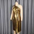 European and american sexy gold cutout bow one-shoulder dress - ruched waist bodycon evening gown