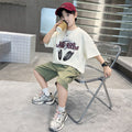Boys' summer fashion:  new collection - stylish, relaxed-fit, printed letter two-piece set for older boys