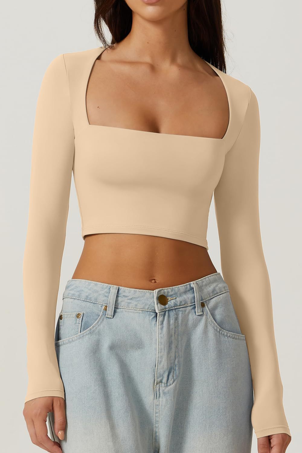 european and american autumn women's slim-fit cropped top: solid color square neck base layer, gentle long-sleeve square neck short top