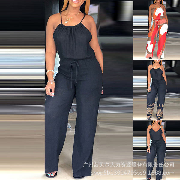 (ODF2257 series) Cross-border European and American women's clothing sleeveless solid color cotton and linen drawstring casual jumpsuit