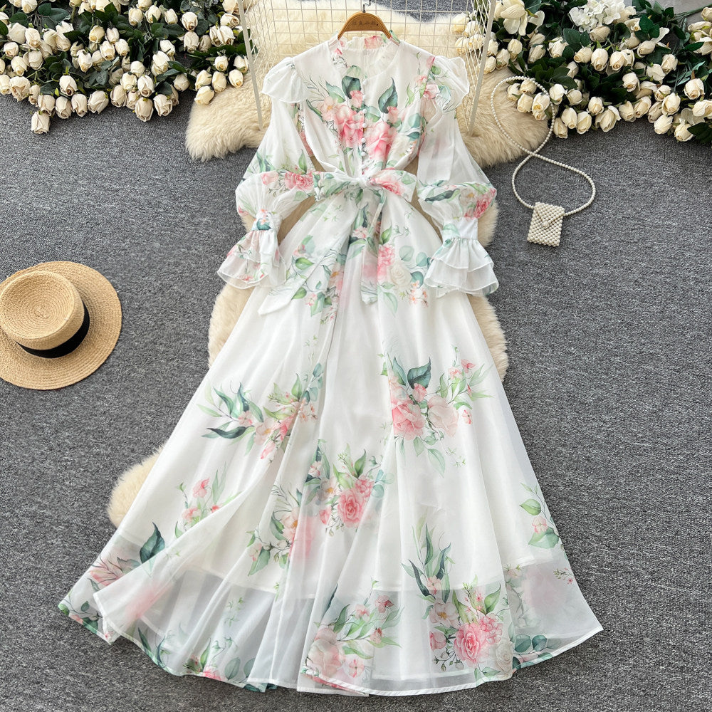 French romantic floral print tie-waist dress - women's early spring long sleeve v-neck a-line maxi dress - elegant
