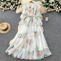 French romantic floral print tie-waist dress - women's early spring long sleeve v-neck a-line maxi dress - elegant