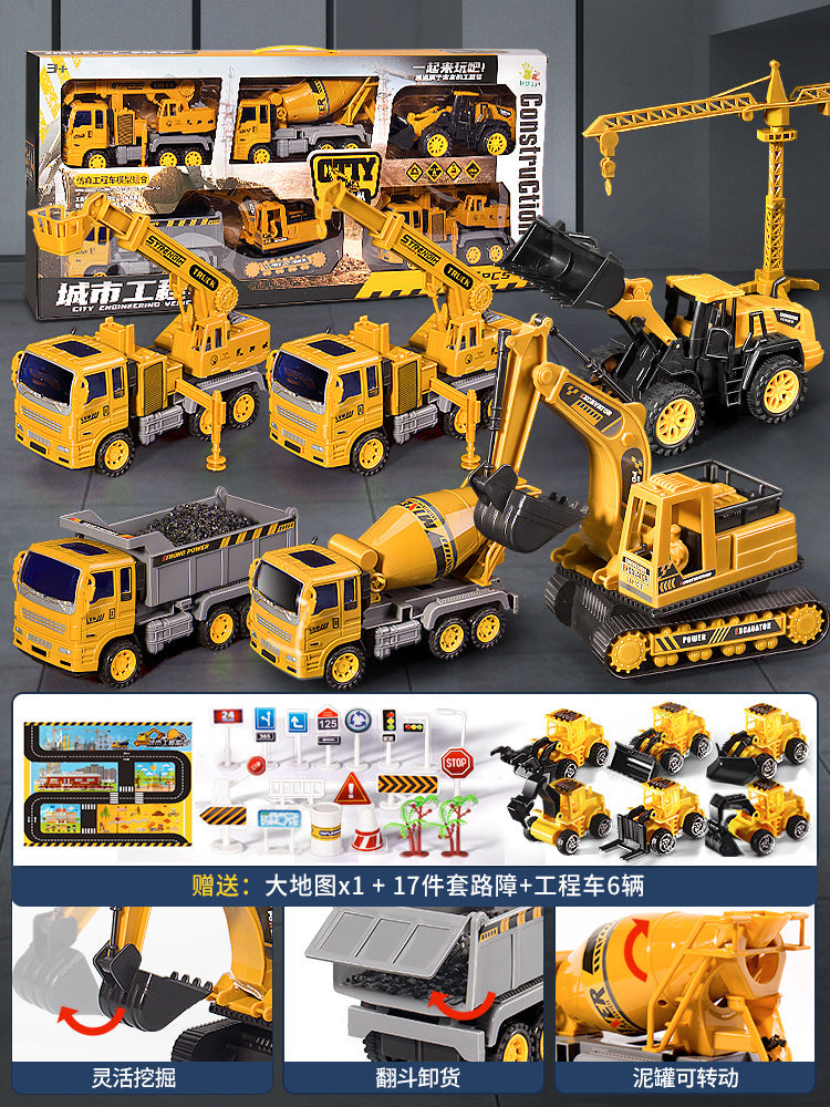 Kids' large construction vehicle set - excavator, mixer truck, bulldozer, dump truck, crane - toy car gift for boys