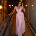 European and american style cross-border sweet & fresh women's printed elegant a-line dress with ruched v-neck and chic puff sleeves