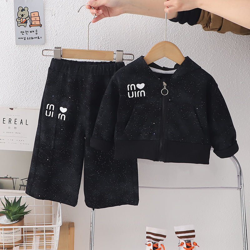 new trendy kids' fashionable baby spring/autumn letter & heart hooded long sleeve two-piece set - girls' spring outfit