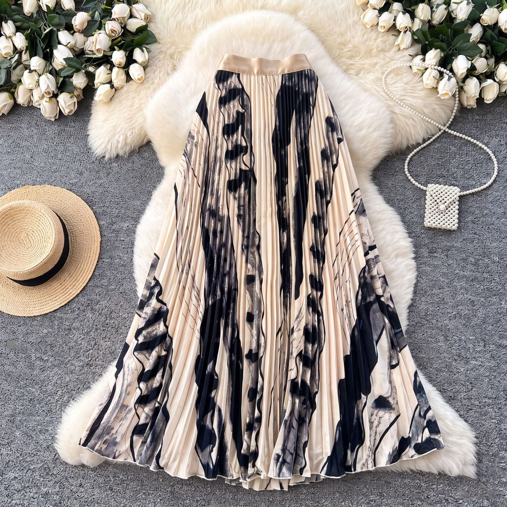 fashionretroprintingpleated elastic waist fashion skirt women's high waist a-line skirt work clothing long skirt summer