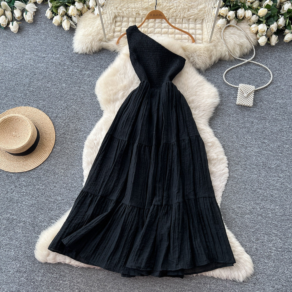Accessible luxury socialite style sleeveless slanted shoulder silmdress women's summer pleated waist slimming look a-line skirtelegant dress