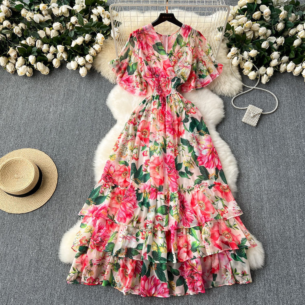 Light mature style women's resortdress2024summernew arrival waistelegant drape large swing floral chiffon skirt