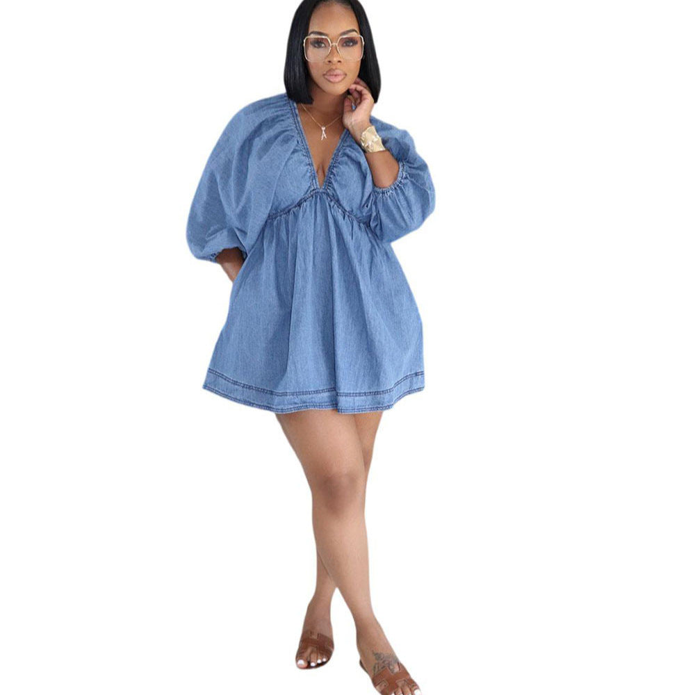 European and american style sexy dress - new  foreign trade women's fashion deep v-neck puff sleeve denim mini dress