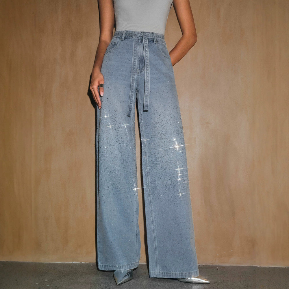 Fashionjeans women's full-width hot diamond with the same material belt light blue washed high waist wide-leg mop denim pants